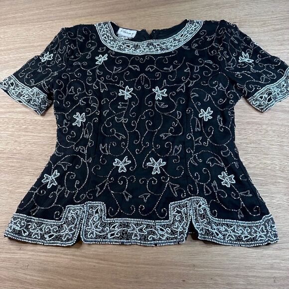 Stenay Silk Beaded Top Black Silver Short Sleeve Formal Evening Blouse M - Picture 1 of 6